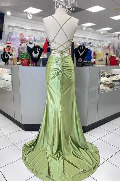 Dress Hot Mermaid Spaghetti Straps Green Long Prom Dress with Criss Cross Back
