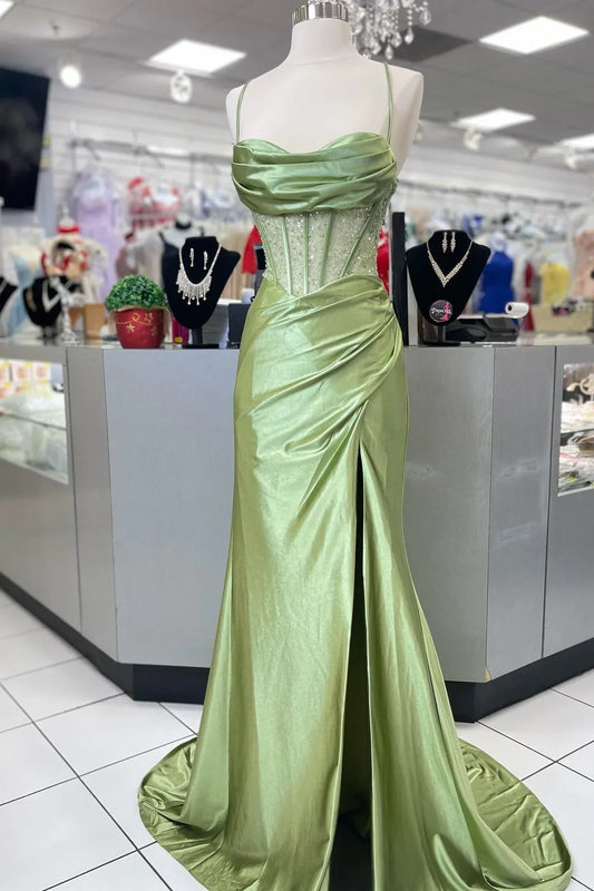 Dress Hot Mermaid Spaghetti Straps Green Long Prom Dress with Criss Cross Back