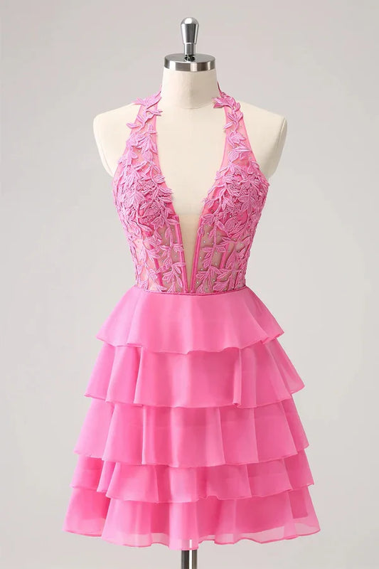 Dress Hot Pink A Line Strapless Tiered Corset Cute Homecoming Dress