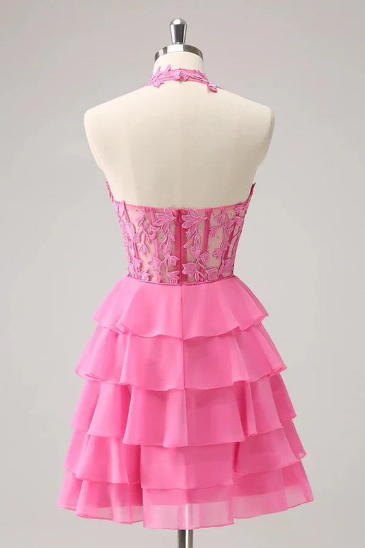 Dress Hot Pink A Line Strapless Tiered Corset Cute Homecoming Dress