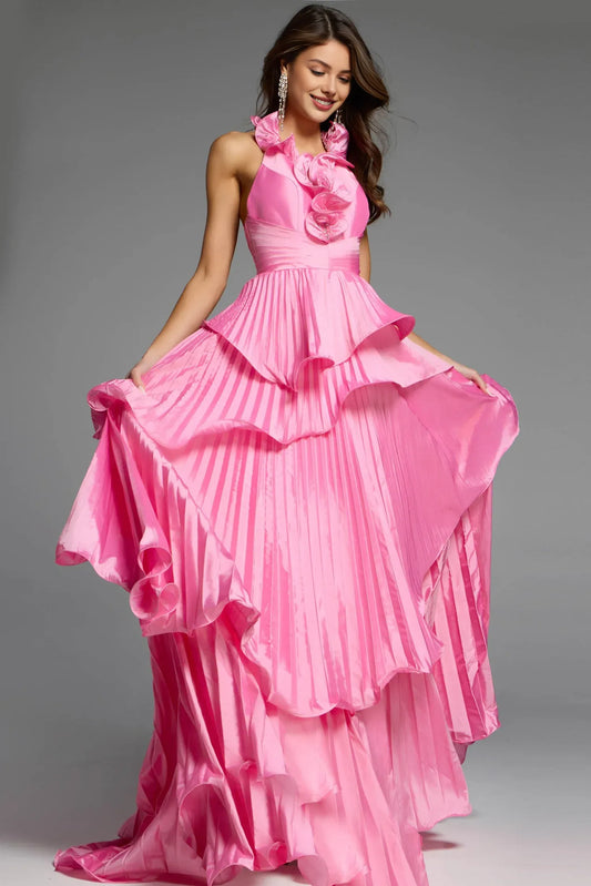 Dress Hot Pink Halter Neck Dress With Floral Details And Tiered Ruffled Design Showcasing Delicate Glamour Prom Dress
