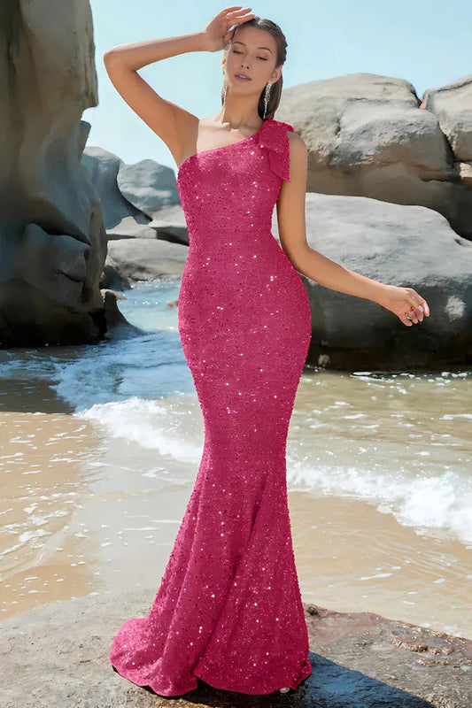 Dress Hot Pink Mermaid One Shoulder Party Dress Sleeveless Maxi Dress With Sparkly Prom Dress