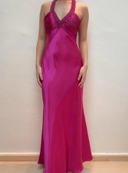 Dress Hot Pink Mermaid V Neck Beaded Satin Open Back Prom Dress Evening Dress Party Dress