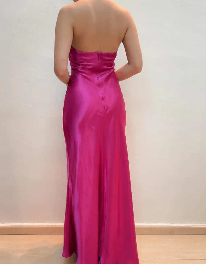 Dress Hot Pink Mermaid V Neck Beaded Satin Open Back Prom Dress Evening Dress Party Dress