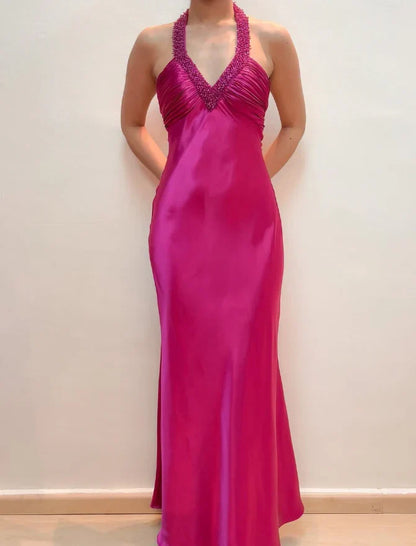 Dress Hot Pink Mermaid V Neck Beaded Satin Open Back Prom Dress Evening Dress Party Dress