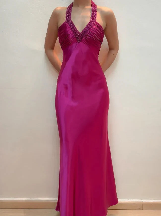 Dress Hot Pink Mermaid V Neck Beaded Satin Open Back Prom Dress Evening Dress Party Dress