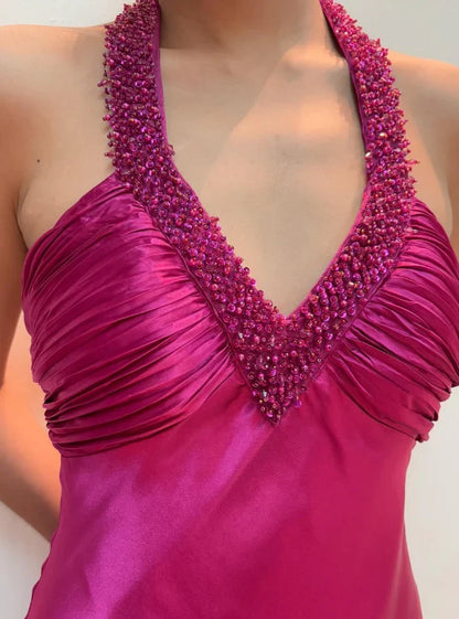 Dress Hot Pink Mermaid V Neck Beaded Satin Open Back Prom Dress Evening Dress Party Dress