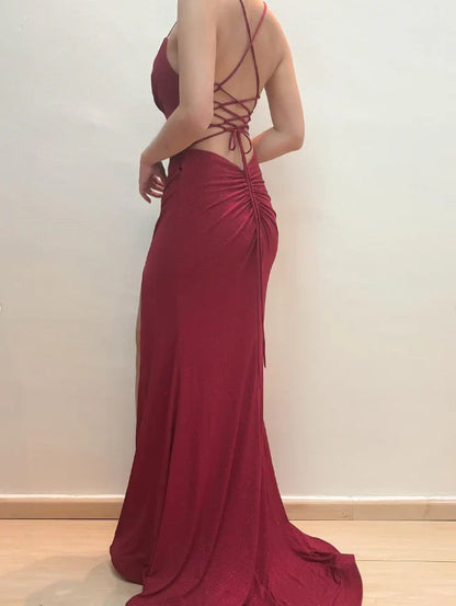 Dress Inspiration Mermaid Spaghetti Strap Red Satin Prom Dress Evening Dress With Slit Party Dress