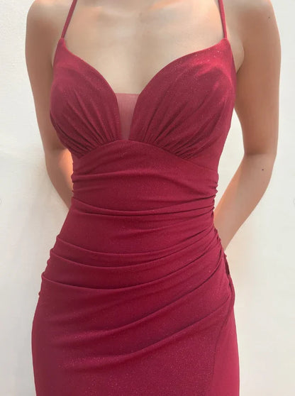 Dress Inspiration Mermaid Spaghetti Strap Red Satin Prom Dress Evening Dress With Slit Party Dress