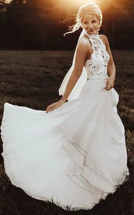 Dress Jewel-neck Strapless Chiffon Country Bride Dress With Lace Top Wedding Dress