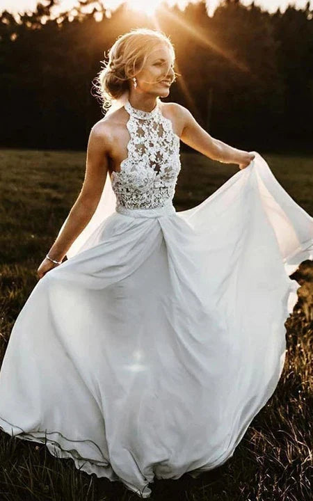 Dress Jewel-neck Strapless Chiffon Country Bride Dress With Lace Top Wedding Dress