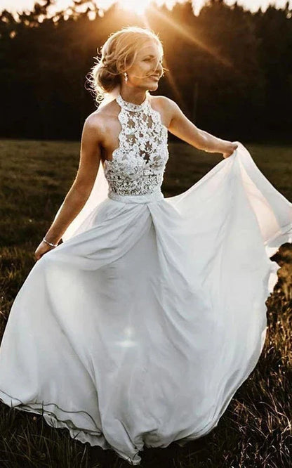 Dress Jewel-neck Strapless Chiffon Country Bride Dress With Lace Top Wedding Dress