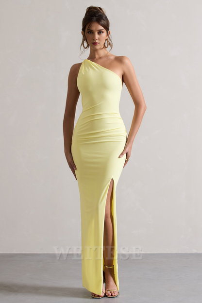 Dress Lemon One Shoulder Maxi Dress With Open Back Detail Prom Dress Sheath Floor Length Simple Bridesmaid Dress