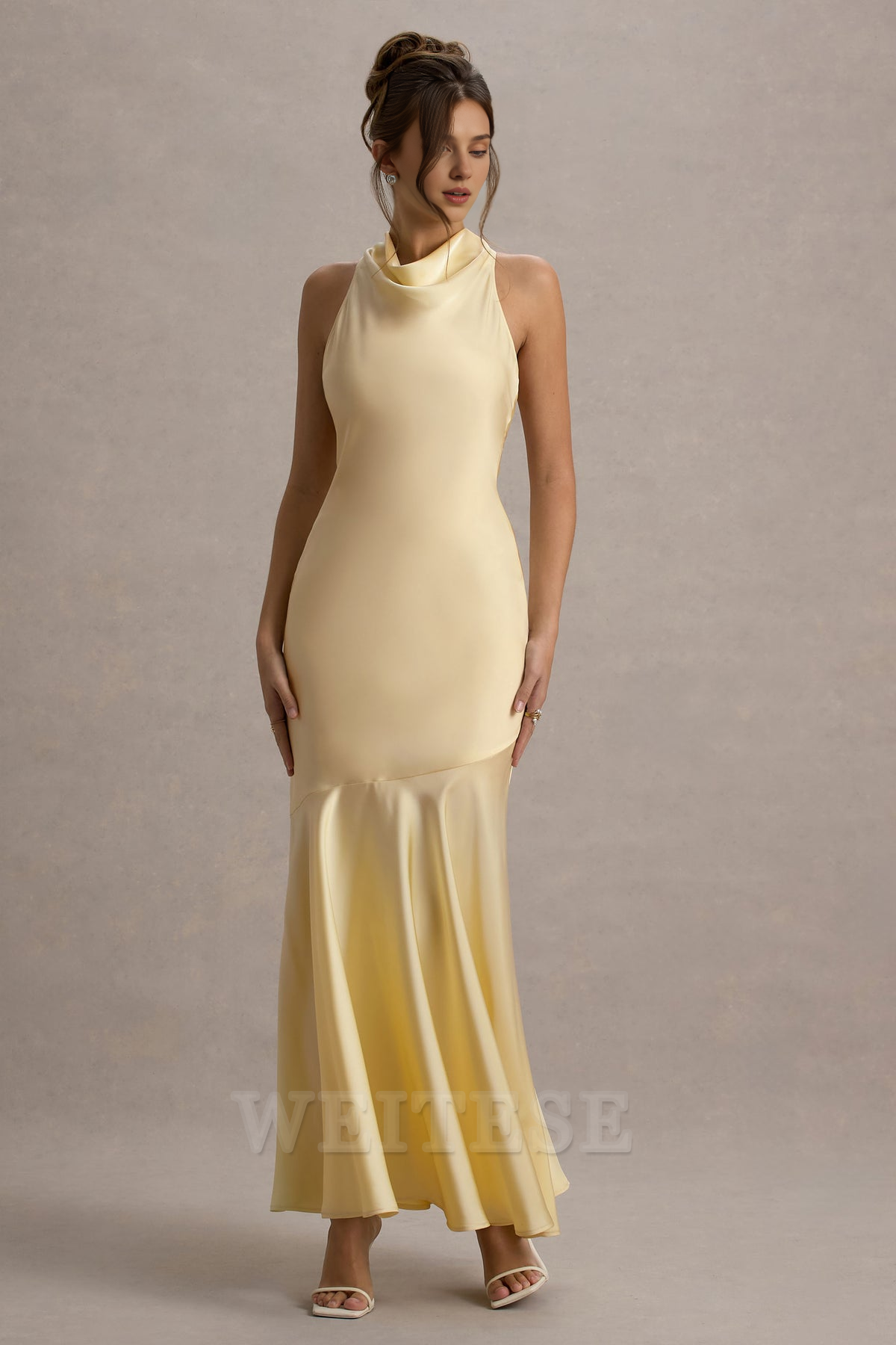Dress Lemon Satin Cowl-Neck Maxi Dress Bridesmaid Dress Low Backless Floor Length Sheath Prom Dress