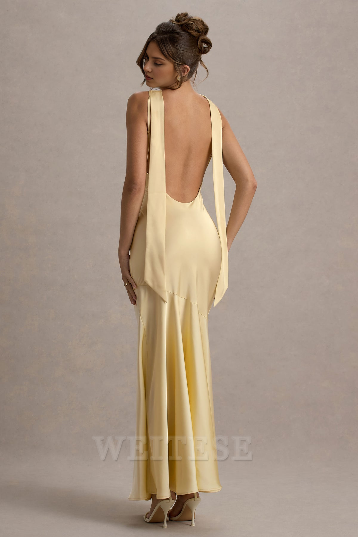 Dress Lemon Satin Cowl-Neck Maxi Dress Bridesmaid Dress Low Backless Floor Length Sheath Prom Dress