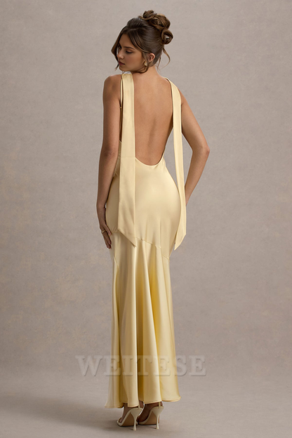 Dress Lemon Satin Cowl-Neck Maxi Dress Bridesmaid Dress Low Backless Floor Length Sheath Prom Dress