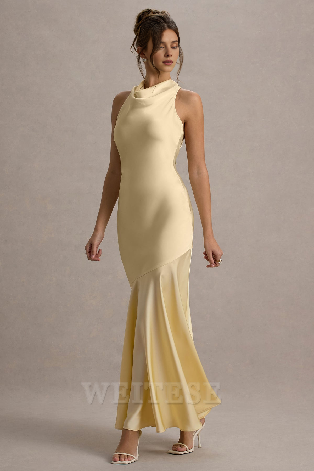 Dress Lemon Satin Cowl-Neck Maxi Dress Bridesmaid Dress Low Backless Floor Length Sheath Prom Dress