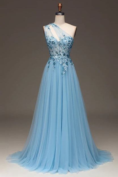Dress Light Blue A-Line One Shoulder Sequin Party Dress With Appliques Prom Dress