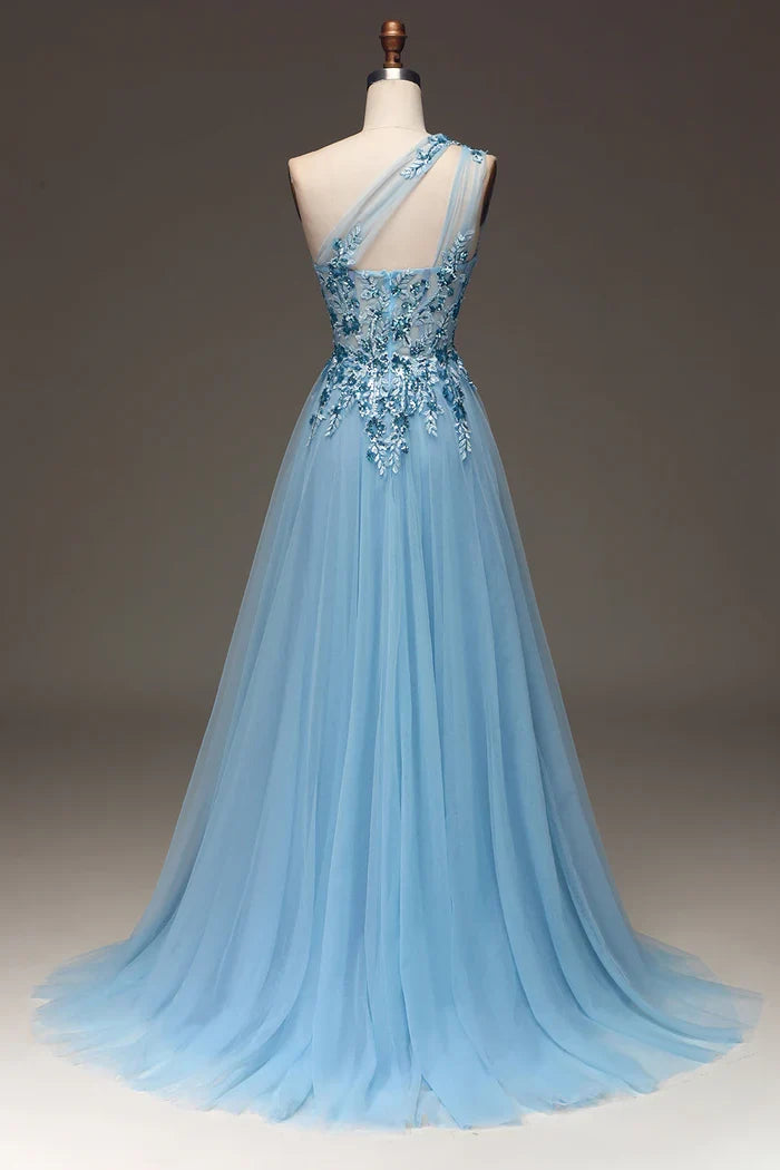 Dress Light Blue A-Line One Shoulder Sequin Party Dress With Appliques Prom Dress