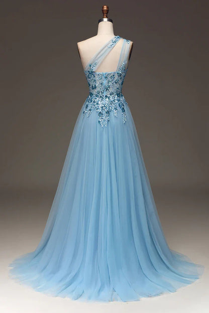 Dress Light Blue A-Line One Shoulder Sequin Party Dress With Appliques Prom Dress