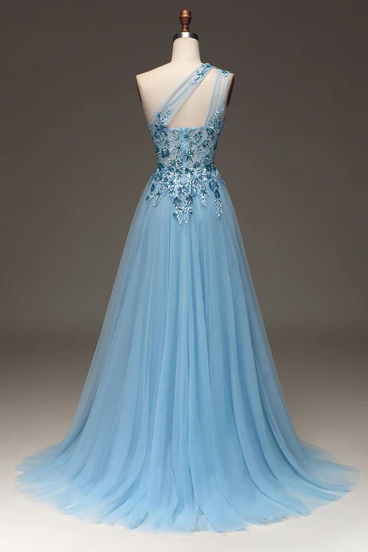 Dress Light Blue A-Line One Shoulder Sequin Party Dress With Appliques Prom Dress