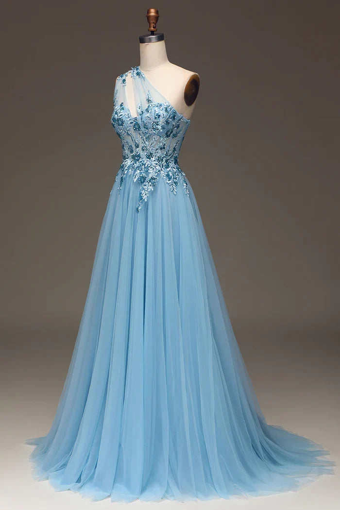 Dress Light Blue A-Line One Shoulder Sequin Party Dress With Appliques Prom Dress