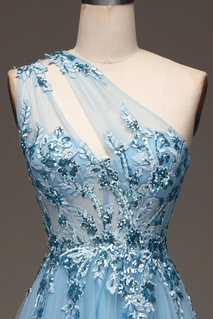 Dress Light Blue A-Line One Shoulder Sequin Party Dress With Appliques Prom Dress