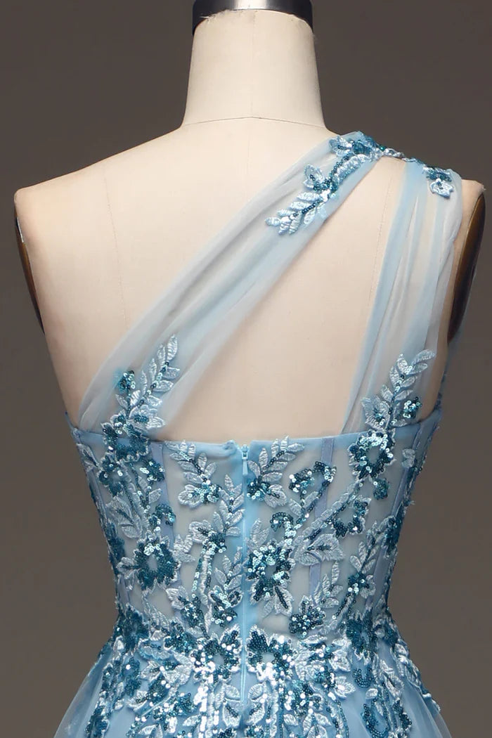 Dress Light Blue A-Line One Shoulder Sequin Party Dress With Appliques Prom Dress