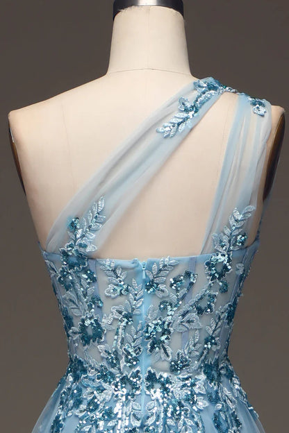 Dress Light Blue A-Line One Shoulder Sequin Party Dress With Appliques Prom Dress