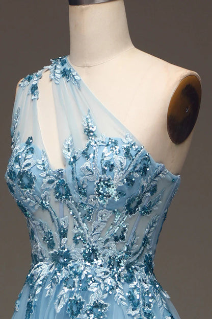 Dress Light Blue A-Line One Shoulder Sequin Party Dress With Appliques Prom Dress
