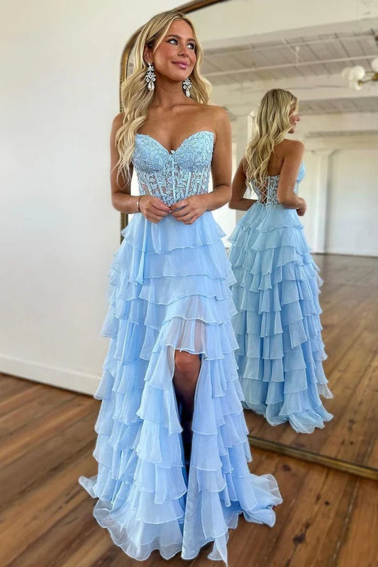Dress Light Blue A-Line Sweetheart Sleevelsss Lace And Chiffon Prom Dress With Appliques Slit