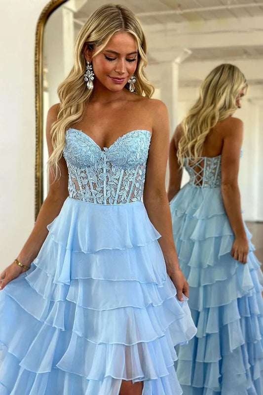 Dress Light Blue A-Line Sweetheart Sleevelsss Lace And Chiffon Prom Dress With Appliques Slit