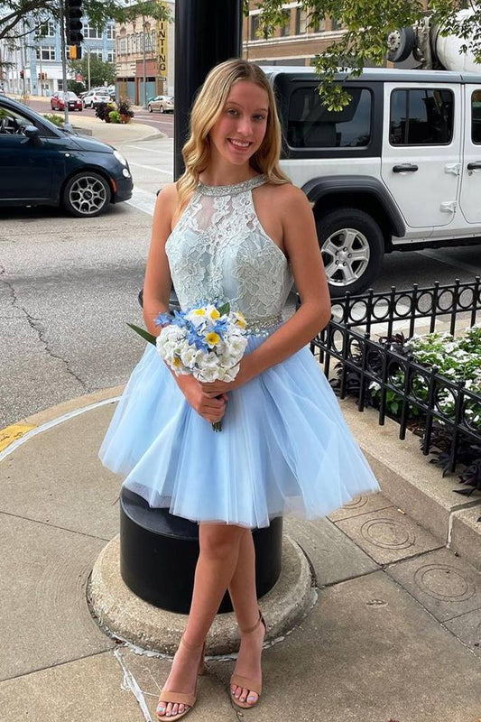 Dress Light Blue A-line Sleeveless Lace Tulle Lace Up Short Homecoming Dress