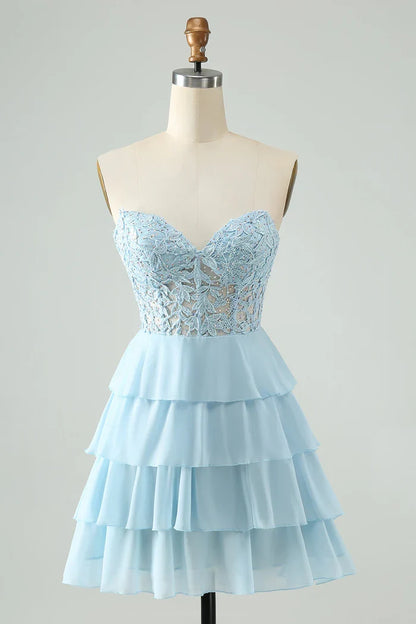Dress Light Blue A Line Sweetheart Short Homecoming Dress Sleeveless Tiered Party Dress
