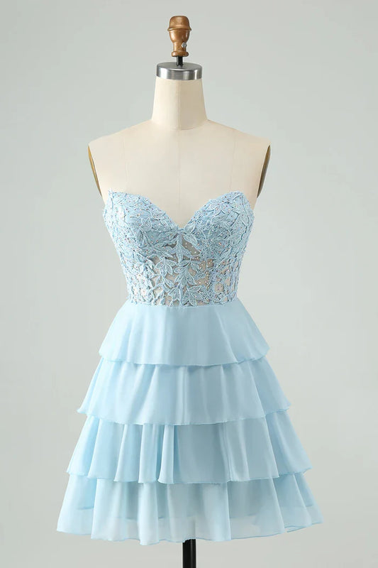 Dress Light Blue A Line Sweetheart Short Homecoming Dress Sleeveless Tiered Party Dress