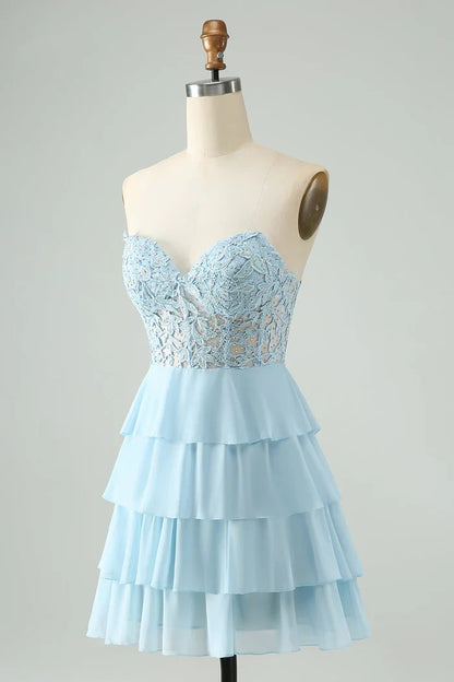 Dress Light Blue A Line Sweetheart Short Homecoming Dress Sleeveless Tiered Party Dress