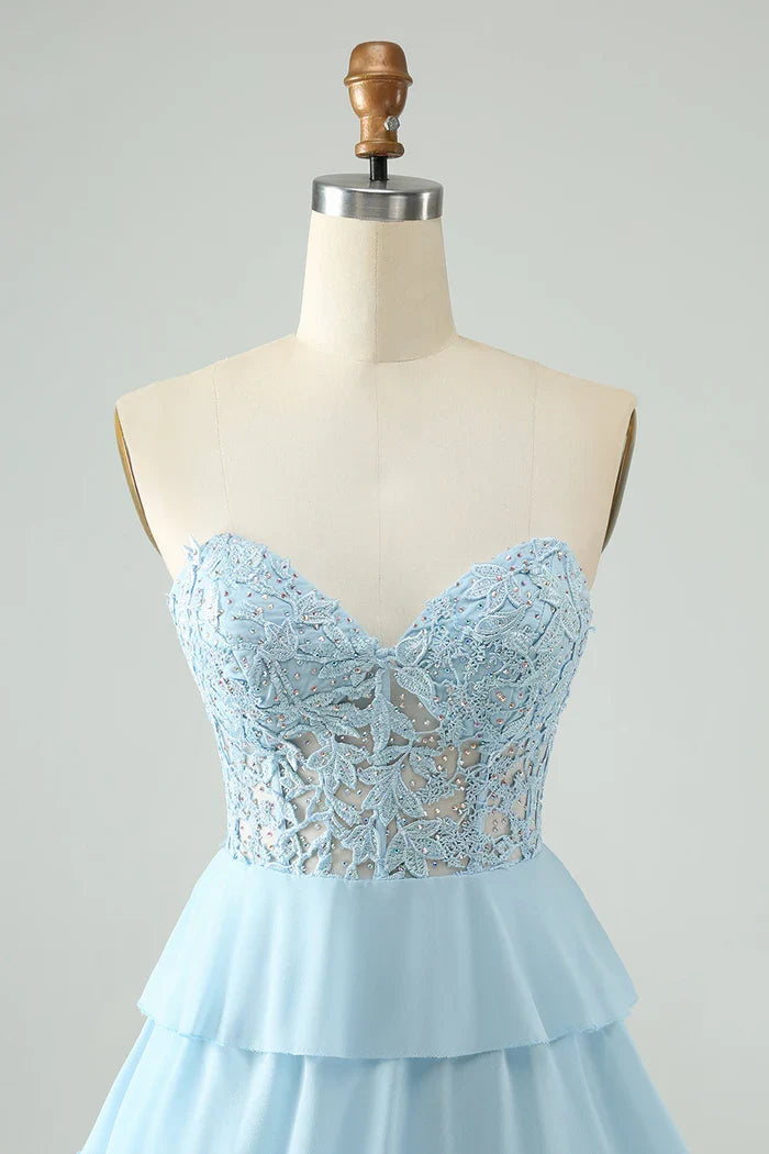 Dress Light Blue A Line Sweetheart Short Homecoming Dress Sleeveless Tiered Party Dress