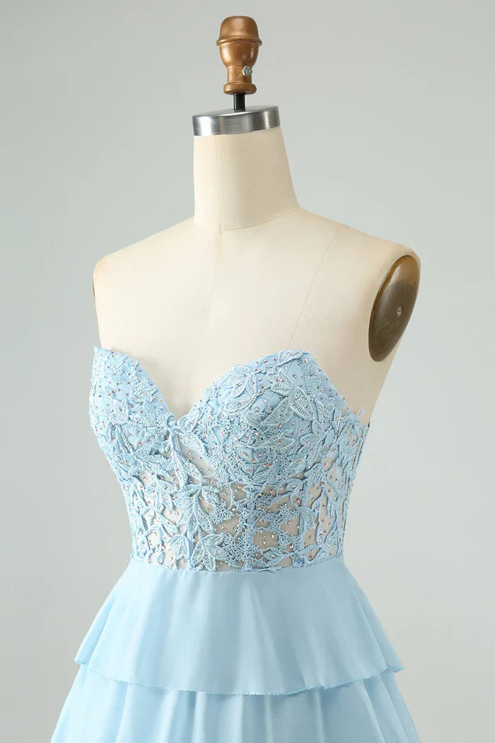 Dress Light Blue A Line Sweetheart Short Homecoming Dress Sleeveless Tiered Party Dress