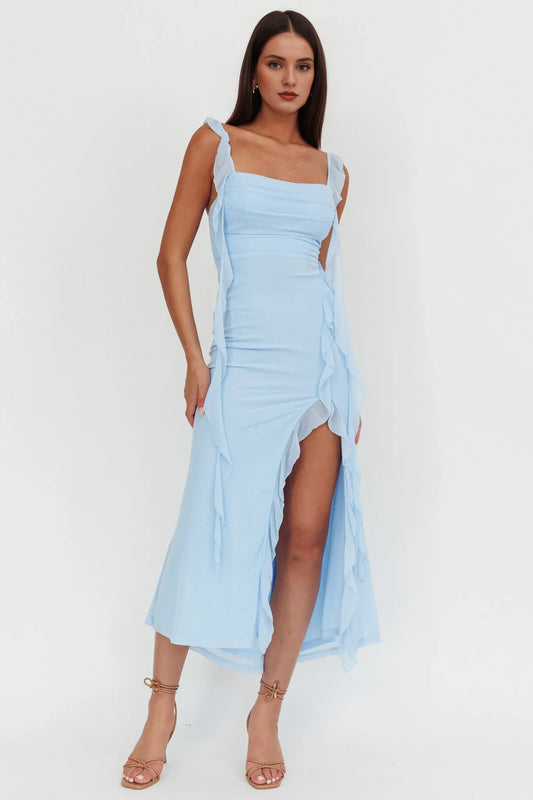 Dress Light Blue Chiffon Maxi Dress with Square Neck Ruffled Straps and Asymmetric Slit Prom Dress