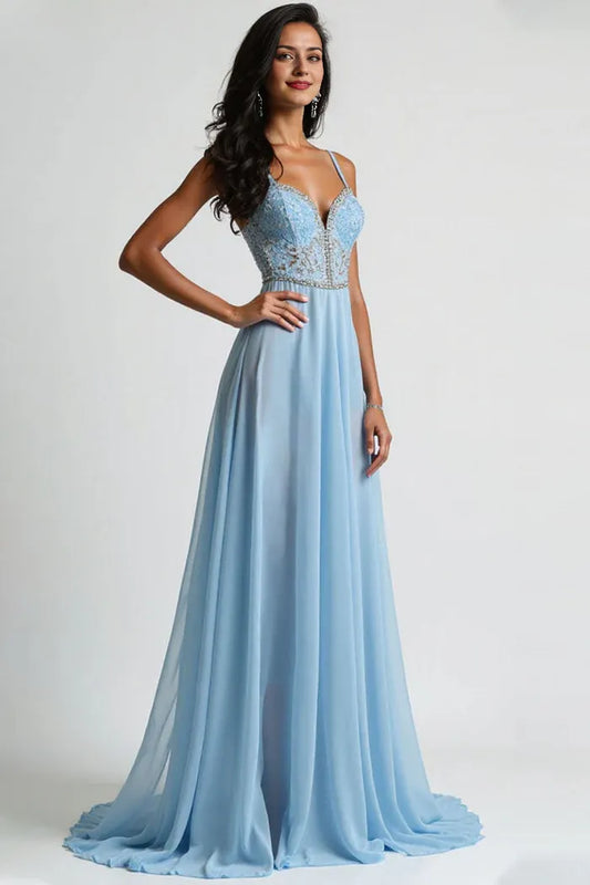 Dress Light Blue Corset Spaghetti Straps A Line Floor Length Prom Dress With Zipper Up