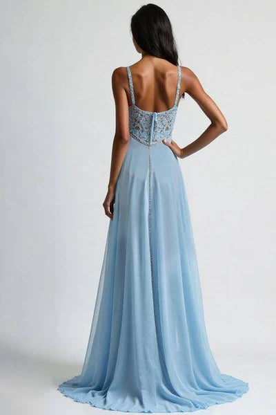 Dress Light Blue Corset Spaghetti Straps A Line Floor Length Prom Dress With Zipper Up