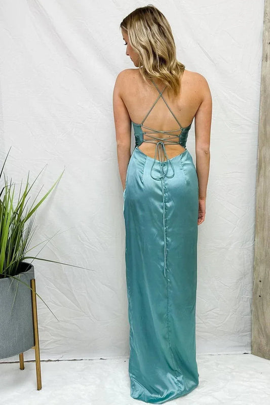 Dress Light Blue Cowl Neck Twist Knot Pleated Long Prom Dress With Slit