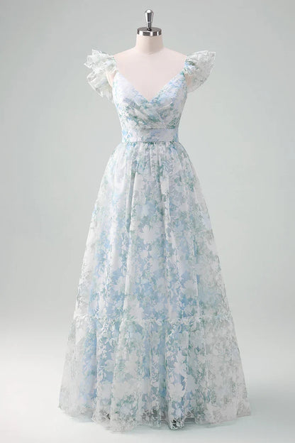 Dress Light Blue Flower Printed A-Line Cap Sleeves Zipper Up Long Prom Dress