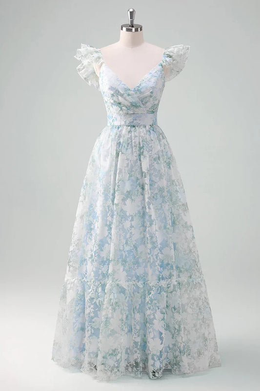 Dress Light Blue Flower Printed A-Line Cap Sleeves Zipper Up Long Prom Dress