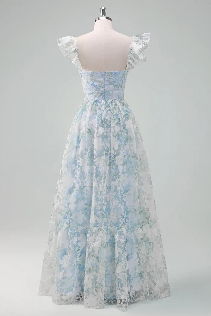 Dress Light Blue Flower Printed A-Line Cap Sleeves Zipper Up Long Prom Dress