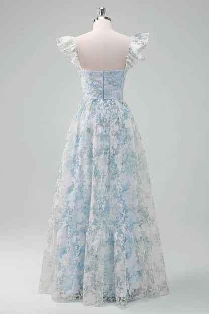 Dress Light Blue Flower Printed A-Line Cap Sleeves Zipper Up Long Prom Dress