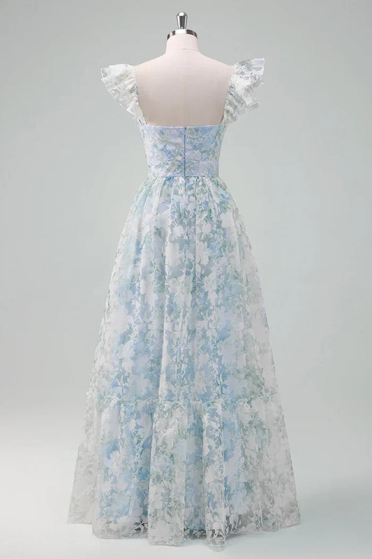 Dress Light Blue Flower Printed A-Line Cap Sleeves Zipper Up Long Prom Dress