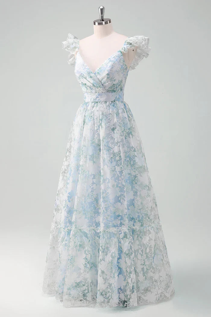 Dress Light Blue Flower Printed A-Line Cap Sleeves Zipper Up Long Prom Dress