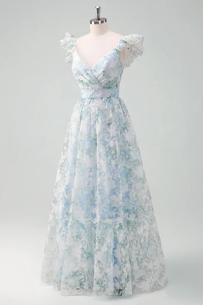 Dress Light Blue Flower Printed A-Line Cap Sleeves Zipper Up Long Prom Dress