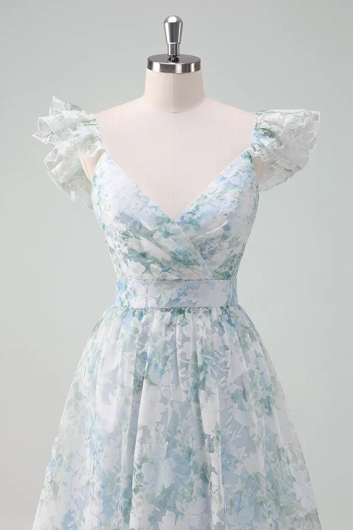 Dress Light Blue Flower Printed A-Line Cap Sleeves Zipper Up Long Prom Dress